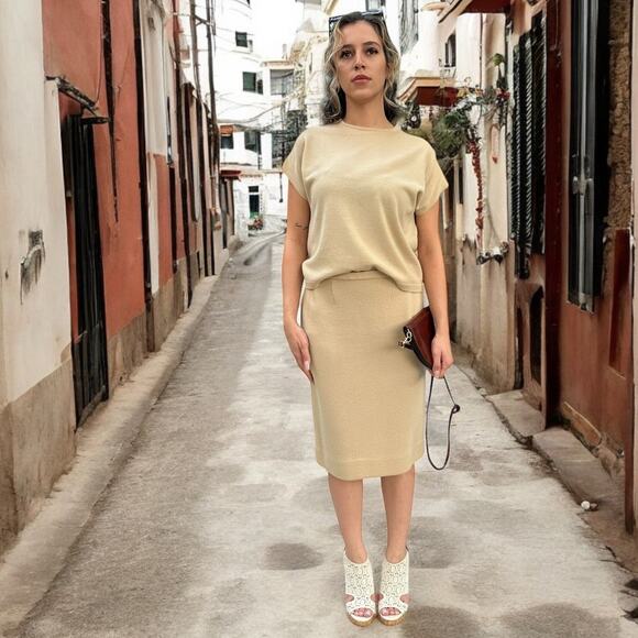 Vintage Short Sleeve Knit Sweater and Skirt Set Tan Knits By Tally Small/Medium - Picture 1 of 10